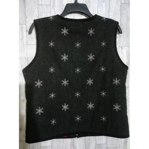 Talbots Wool Blend Red Lined Vest Black Silver Metallic Snowflakes Petite Medium - Picture 2 of 6